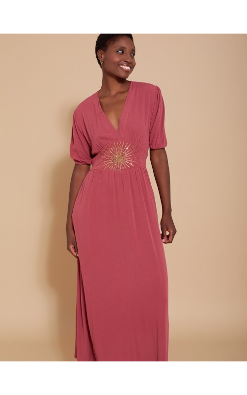 VESTIDO LARGO LISO CON FAJIN Y ESCOTE UVE Y MANGAS MEIS