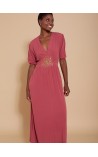 VESTIDO LARGO LISO CON FAJIN Y ESCOTE UVE Y MANGAS MEIS