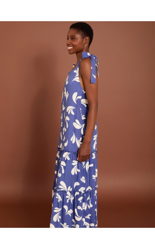 VESTIDO LARGO DE LINO ESTAMPADO Y LAZOS DE TIRANTES MEIS 